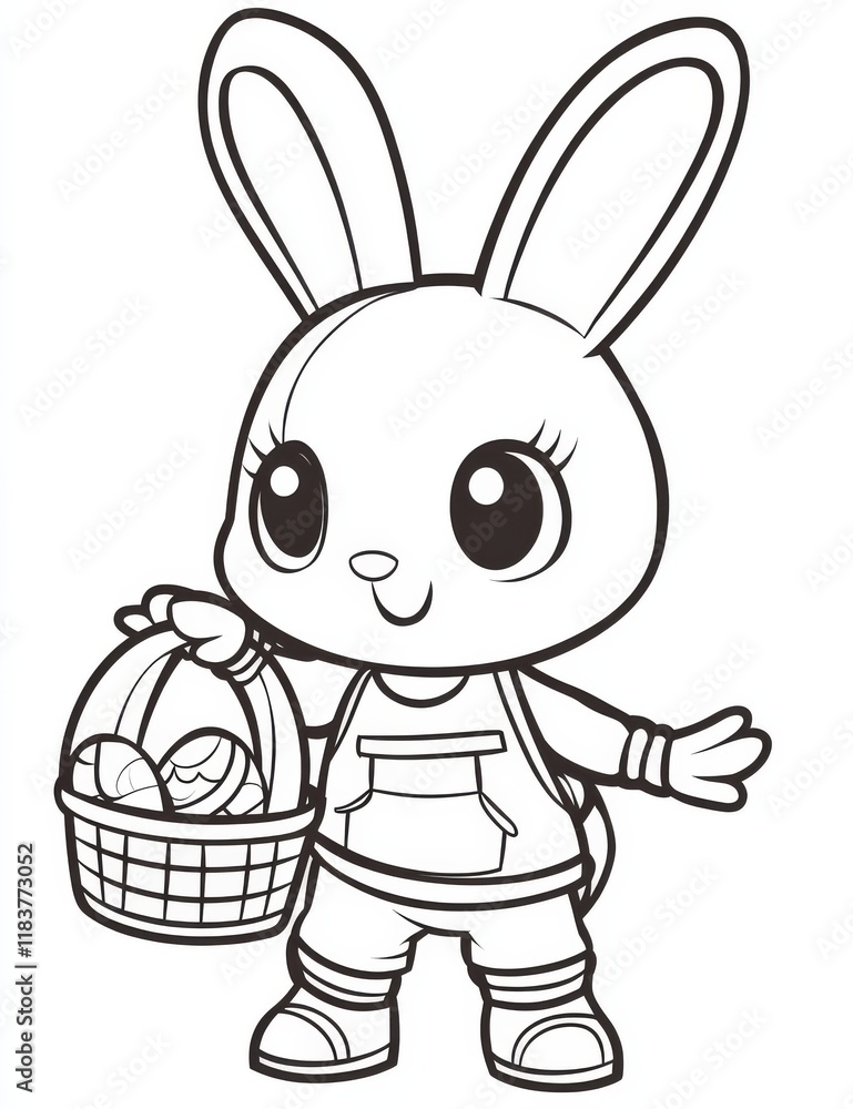 A cute cartoon bunny wearing an Easter-themed outfit, holding out its paw with a basket of eggs coloring page for kids A cute cartoon bunny wearing an Easter-themed outfit, holding out its paw with a basket of eggs coloring page for kids