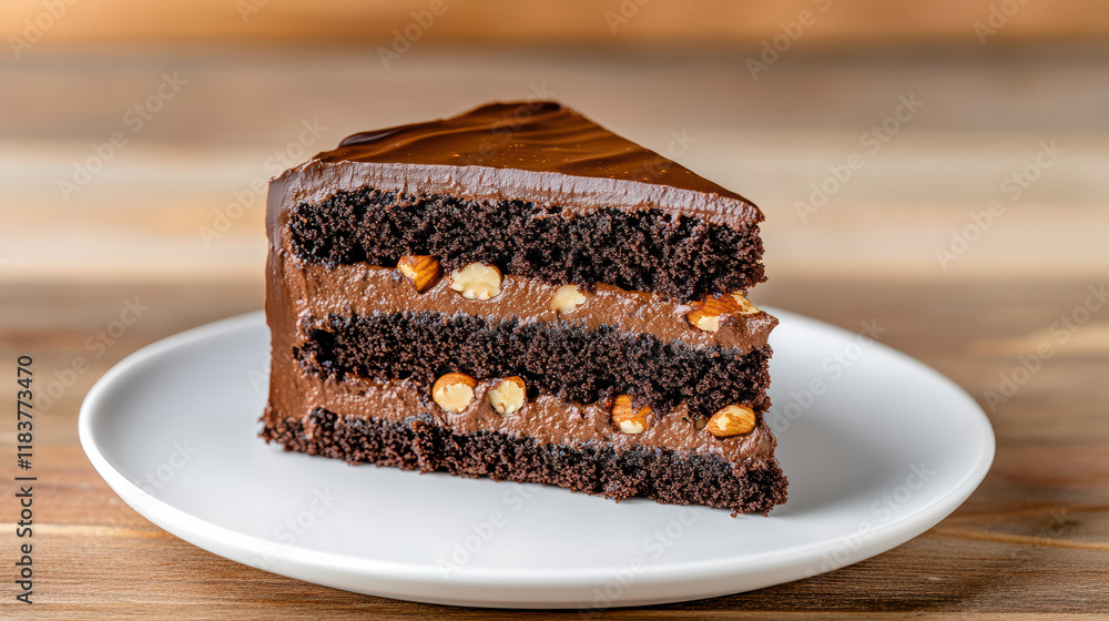 Delicious chocolate fudge cake slice with nuts on white plate Delicious chocolate fudge cake slice with nuts on white plate