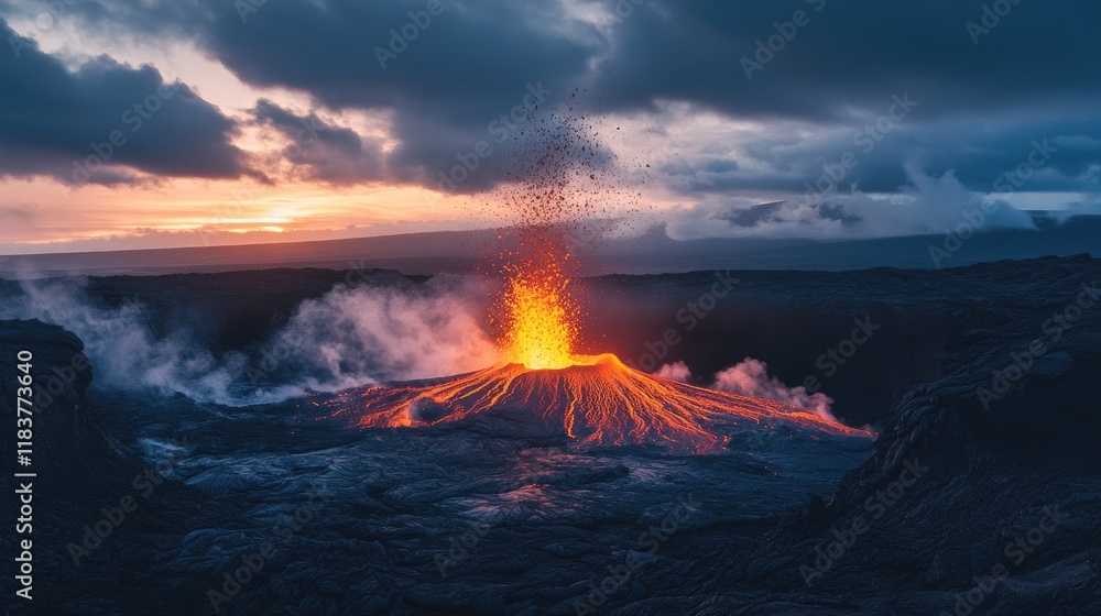 Fototapeta premium A breathtaking view of a volcano erupting, with fiery lava spewing into the sky against a backdrop of dark clouds, showcasing nature's raw power.