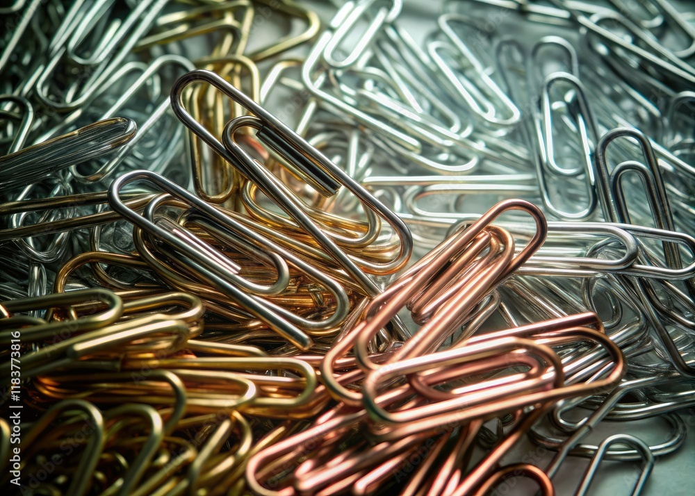 Abstract metallic stationery photography: a double exposure of paperclips in gold, silver, and rose gold. Abstract metallic stationery photography: a double exposure of paperclips in gold, silver, and rose gold.