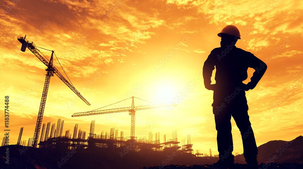 Silhouette of Construction Worker at Sunset Silhouette of Construction Worker at Sunset