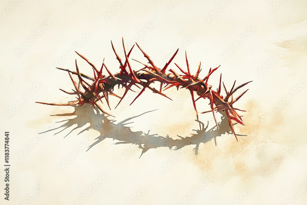 Naklejka premium Elegant watercolor crown of thorns with soft shadows on a beige backdrop in a serene and artistic portrayal
