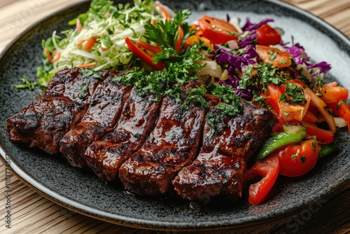 Top view of grilled rump steak on a plate with vegetable salad set against a wooden background photo