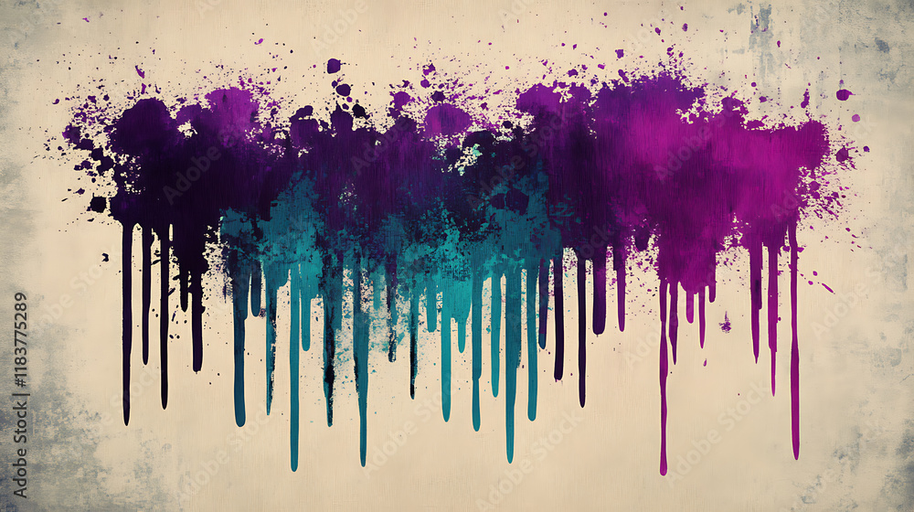 Fototapeta premium Multicolored purple and teal abstract paint splash with drips on paper textured background