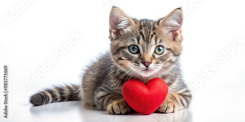 A fluffy grey kitten, isolated on white, snuggles a heart; Valentine's purrfection. photo