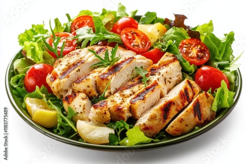 Top view of Tidewater green Caesar salad with grilled chicken isolated photo