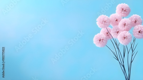 Soft Pink Pom-Pom Flowers on Thin Stems Against a Light Blue Background Creating a Serene and Refreshing Atmosphere for Floral and Nature-themed Designs