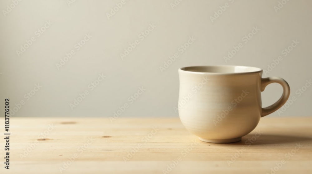 Cream-colored ceramic mug on a light wooden surface Cream-colored ceramic mug on a light wooden surface