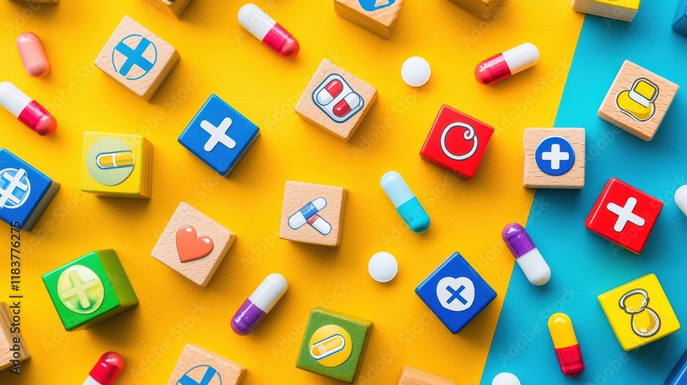 Playful health-themed educational blocks colorful tabletop learning from a bird's eye view Playful health-themed educational blocks colorful tabletop learning from a bird's eye view