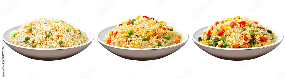 Three plates of fried rice with vegetables, side view isolated on a transparent background Three plates of fried rice with vegetables, side view isolated on a transparent background