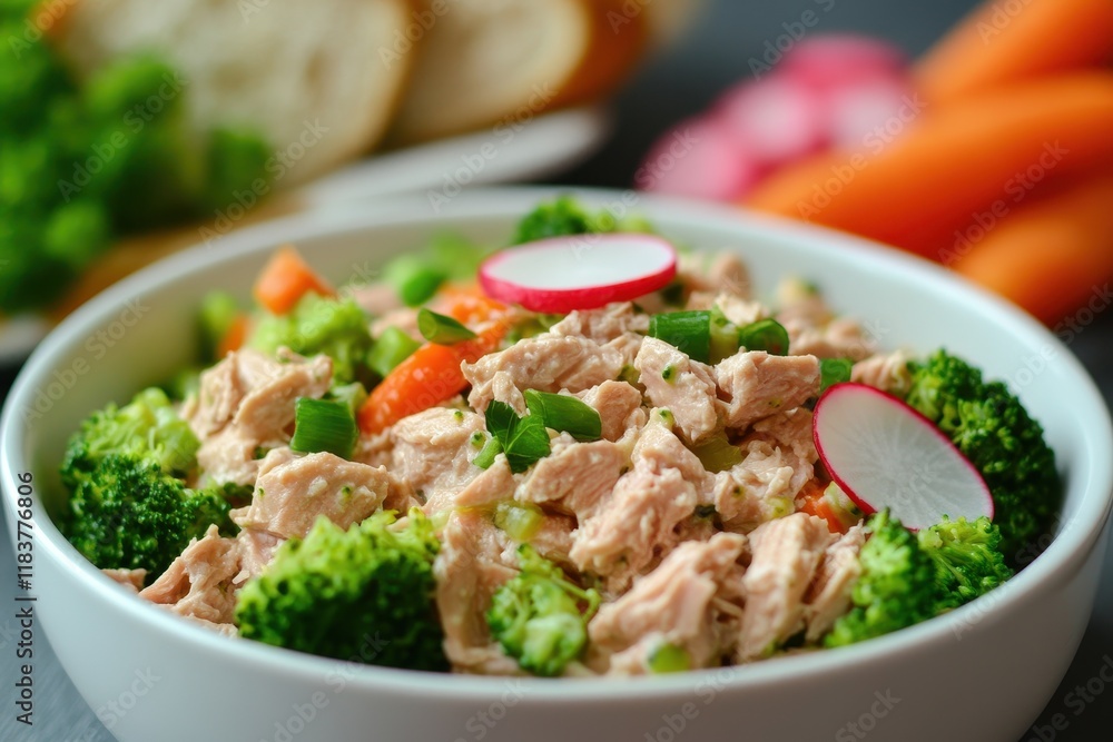 Tuna salad featuring broccoli radishes and carrots Tuna salad featuring broccoli radishes and carrots