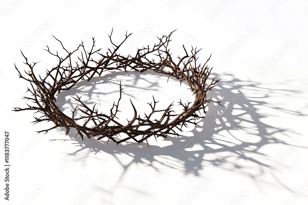 Fototapeta premium Branches of thorns woven into a crown depicting the crucifixion casting a shadow on isolated white background - 3D render