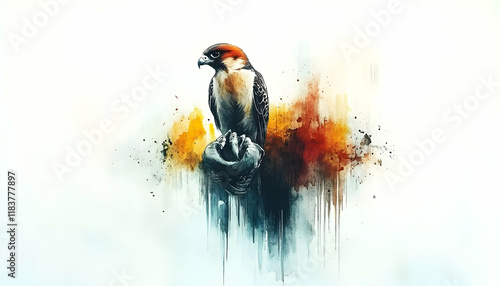 Perched falcon, autumnal background, digital art, wildlife photo