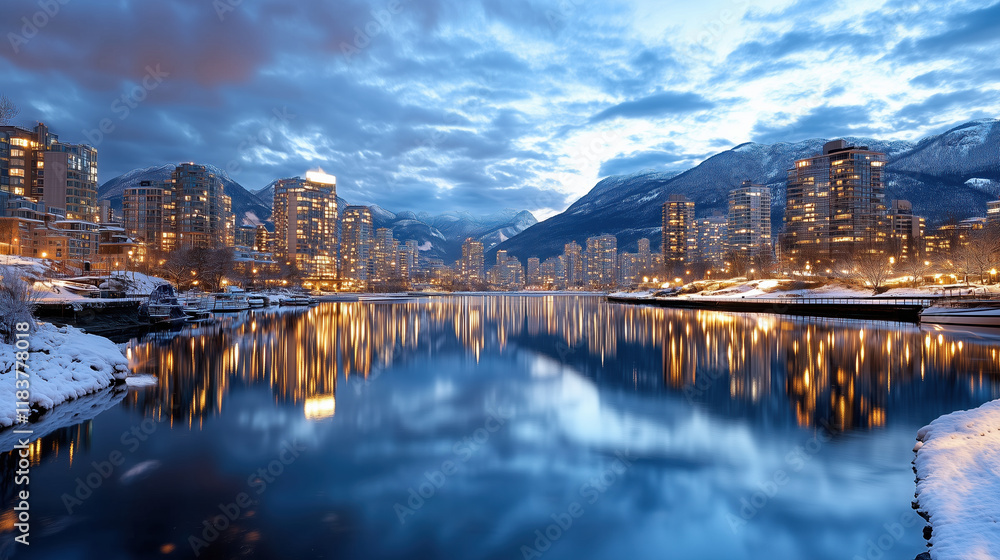 Naklejka premium Stunning cityscape at dusk with reflections on water and snow