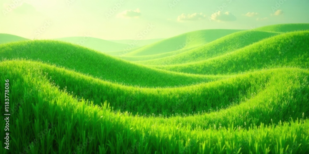 Serene Rolling Hills of Lush Green Grass Under a Soft Morning Sky Serene Rolling Hills of Lush Green Grass Under a Soft Morning Sky