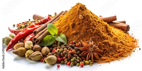 Fototapeta Naklejka Na Ścianę i Meble -  Aromatic garam masala spice blend, vividly photographed against a pristine white backdrop.