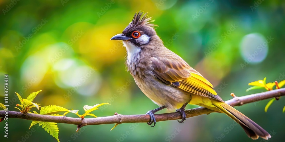 Fototapeta premium A tiny bulbul preens, perched on a miniature tree branch, a tilt-shift wonder.