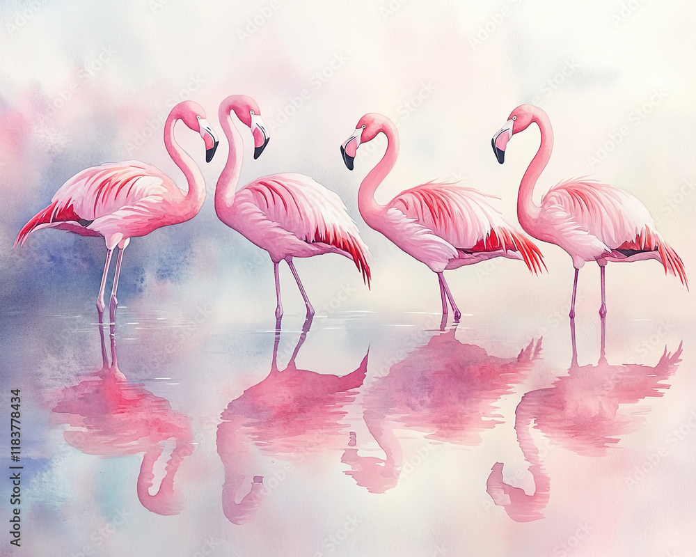 Obraz premium Soft Watercolor of a Group of Flamingos Wading Gracefully in a Lagoon