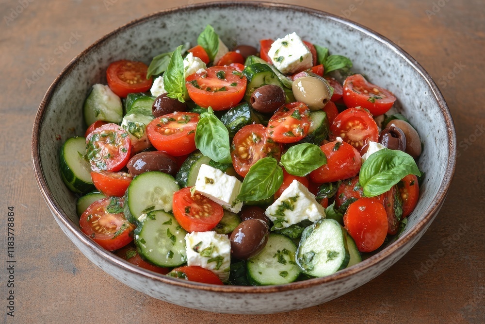 Vegetarian dish featuring cucumber Kalamata olives feta cherry tomatoes and fresh basil Homemade healthy concept Overhead perspective Space for text Vegetarian dish featuring cucumber Kalamata olives feta cherry tomatoes and fresh basil Homemade healthy concept Overhead perspective Space for text