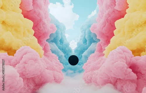 Abstract clouds in pink, yellow, and blue hues creating a surreal landscape with a central black void, evoking a dreamlike and imaginative atmosphere.