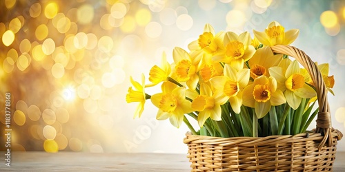 A vibrant daffodil bouquet, nestled in a basket, bursts with spring's sunny hues, bokeh-blurred for a soft, isolated floral image.