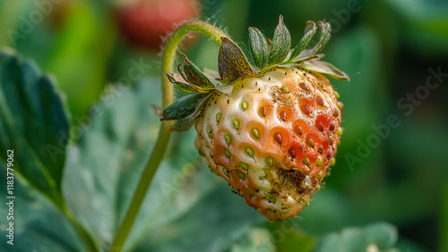 A strawberry plant with signs of nutrient burn, with the blurred berry patch softly photo