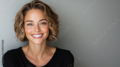 Wallpaper Mural smiling woman with curly hair against neutral background Torontodigital.ca