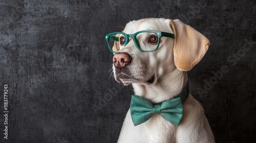 Whimsical pet portrait stylish dog in glasses and bowtie close-up photo