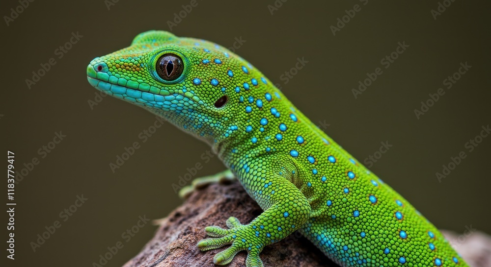 Fototapeta premium Vibrant Green Gecko Perched on Dark Background