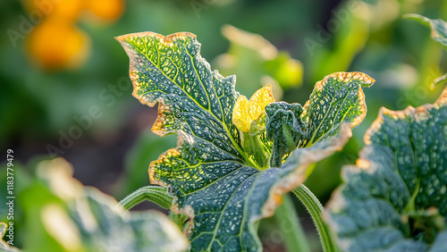 Close-up of a zucchini plant with dry, brown edges on the leaves, with the rest of the garden photo