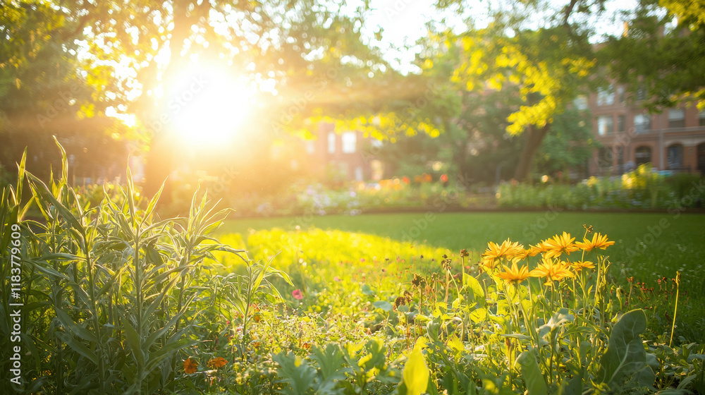 Fototapeta premium vibrant garden scene with sunlight illuminating flowers and greenery, creating serene atmosphere