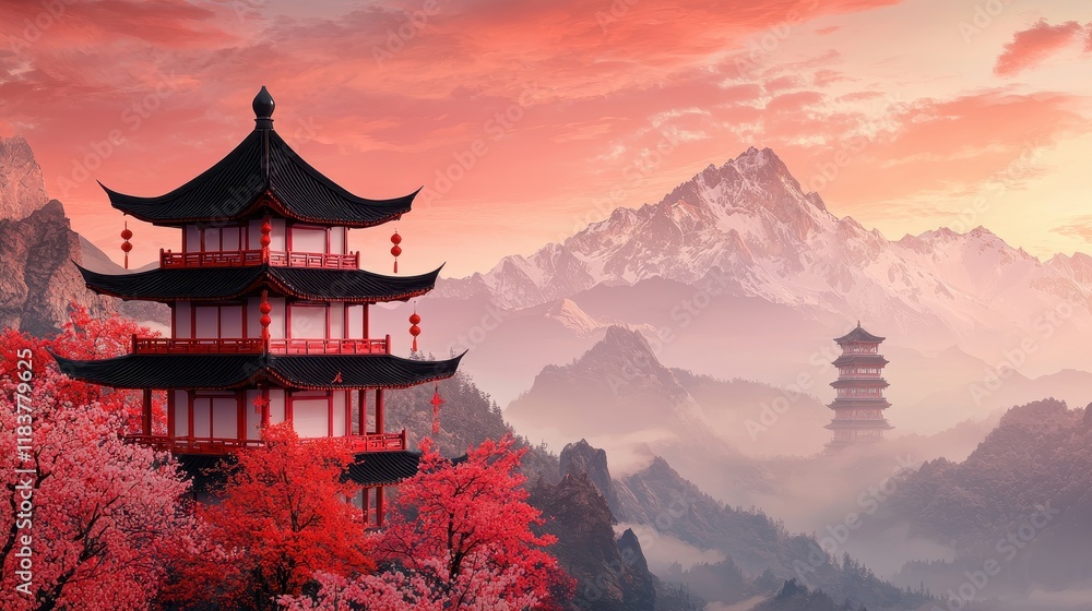 Obraz premium A serene landscape featuring traditional architecture amidst vibrant cherry blossoms and majestic mountains under a colorful sky.