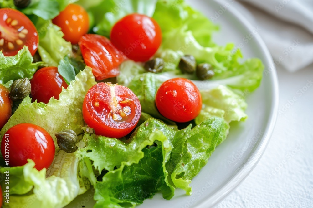 Vibrant salad featuring smoked salmon cherry tomatoes and capers on a white table Vibrant salad featuring smoked salmon cherry tomatoes and capers on a white table