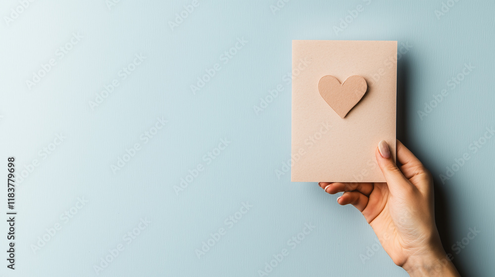 A hand holding a blank Valentine, the card slightly tilted toward the viewer against a plain pale blue background. The empty space on the card creates a sense of anticipation, as i A hand holding a blank Valentine, the card slightly tilted toward the viewer against a plain pale blue background. The empty space on the card creates a sense of anticipation, as i