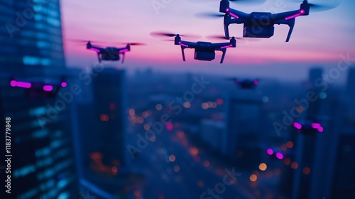 Drones Flying Over City at Sunset