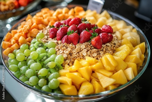 Vibrant tropical fruit mix in a bowl including pineapple mango grape strawberry papaya melon and kiwi garnished with chestnuts and granola Overhead shot focused photo