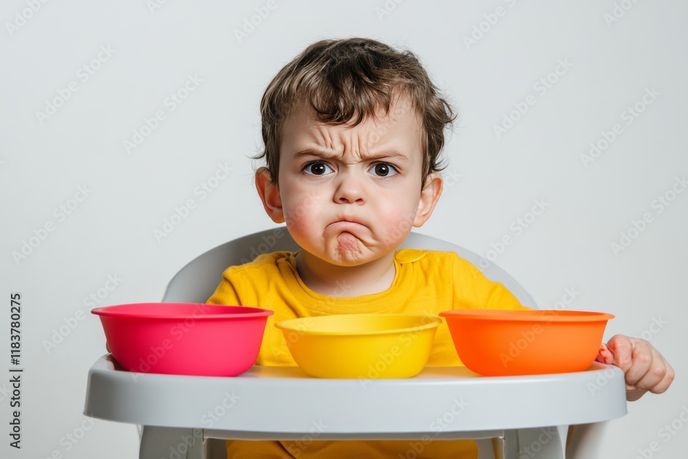 Child with displeased expression eating from silicone dishes while seated on high chair Child with displeased expression eating from silicone dishes while seated on high chair