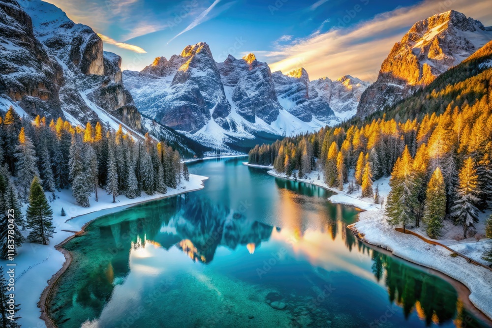 Obraz premium Breathtaking drone footage captures Lago di Braies' winter magic: a frozen lake nestled amidst snow-capped Dolomites.