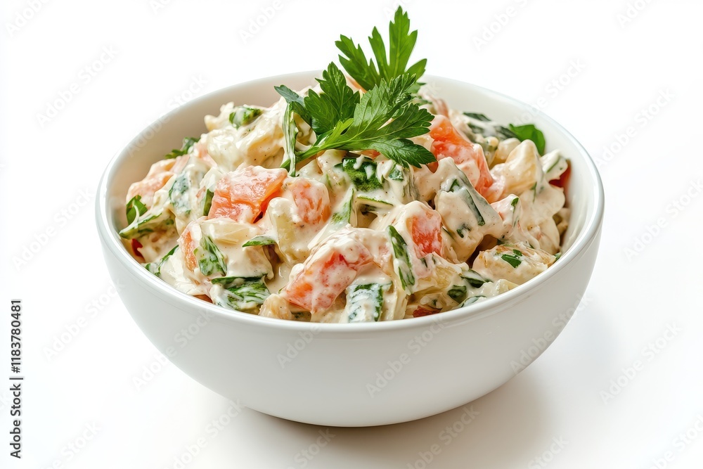 White bowl with tuna mayo against a white backdrop White bowl with tuna mayo against a white backdrop