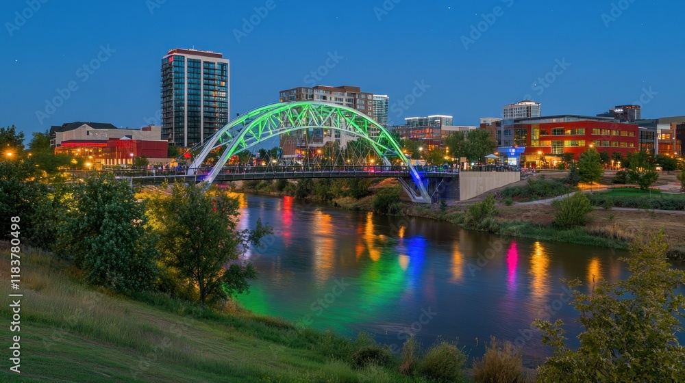 Vibrant Cityscape at Dusk: Illuminated Bridge and River Reflection Vibrant Cityscape at Dusk: Illuminated Bridge and River Reflection