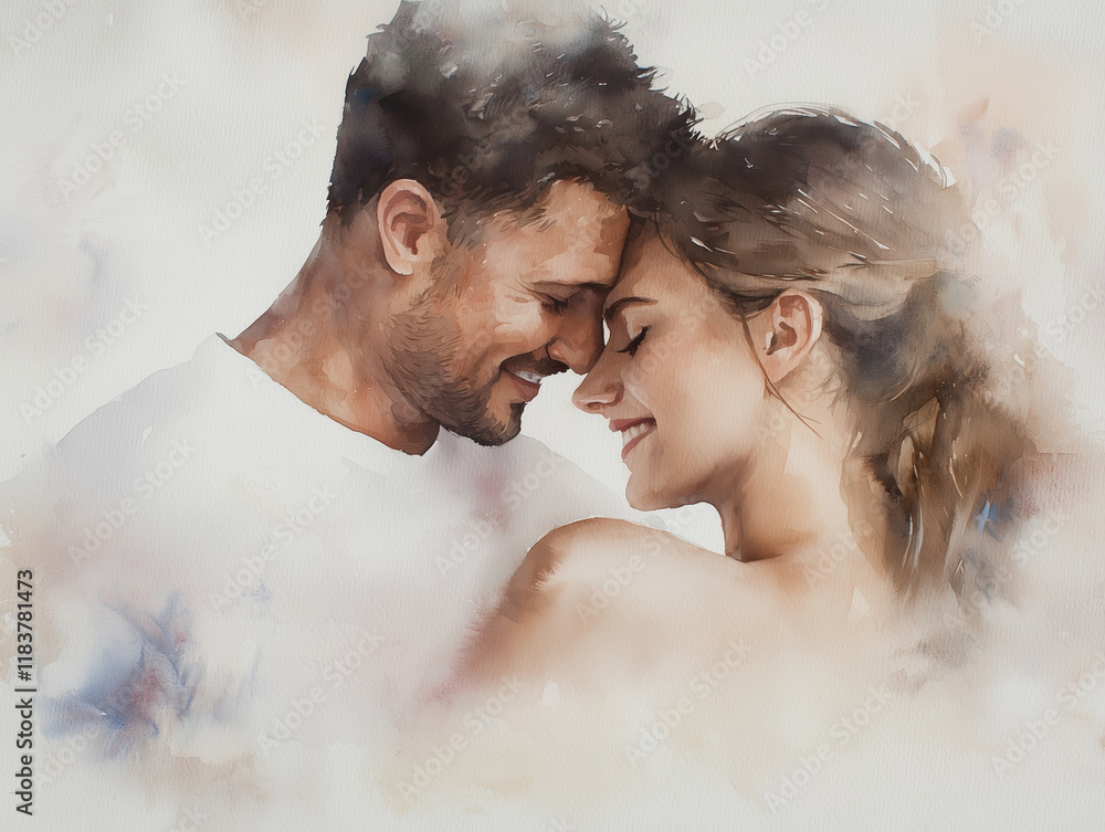 A close-up watercolor of a man and woman in a tender embrace, their faces glowing with love and contentment. Soft washes of color create an intimate atmosphere, with the warmth of