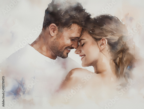 Obraz na płótnie A close-up watercolor of a man and woman in a tender embrace, their faces glowing with love and contentment. Soft washes of color create an intimate atmosphere, with the warmth of w salonie