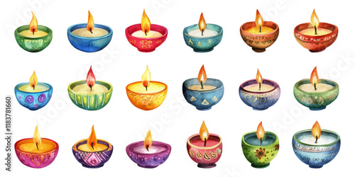 Set of watercolor Indian festival candles on white background.