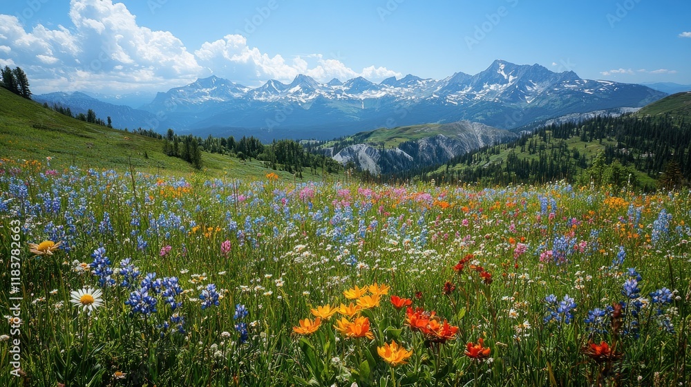Fototapeta premium Alpine Meadow with Majestic Mountain Range