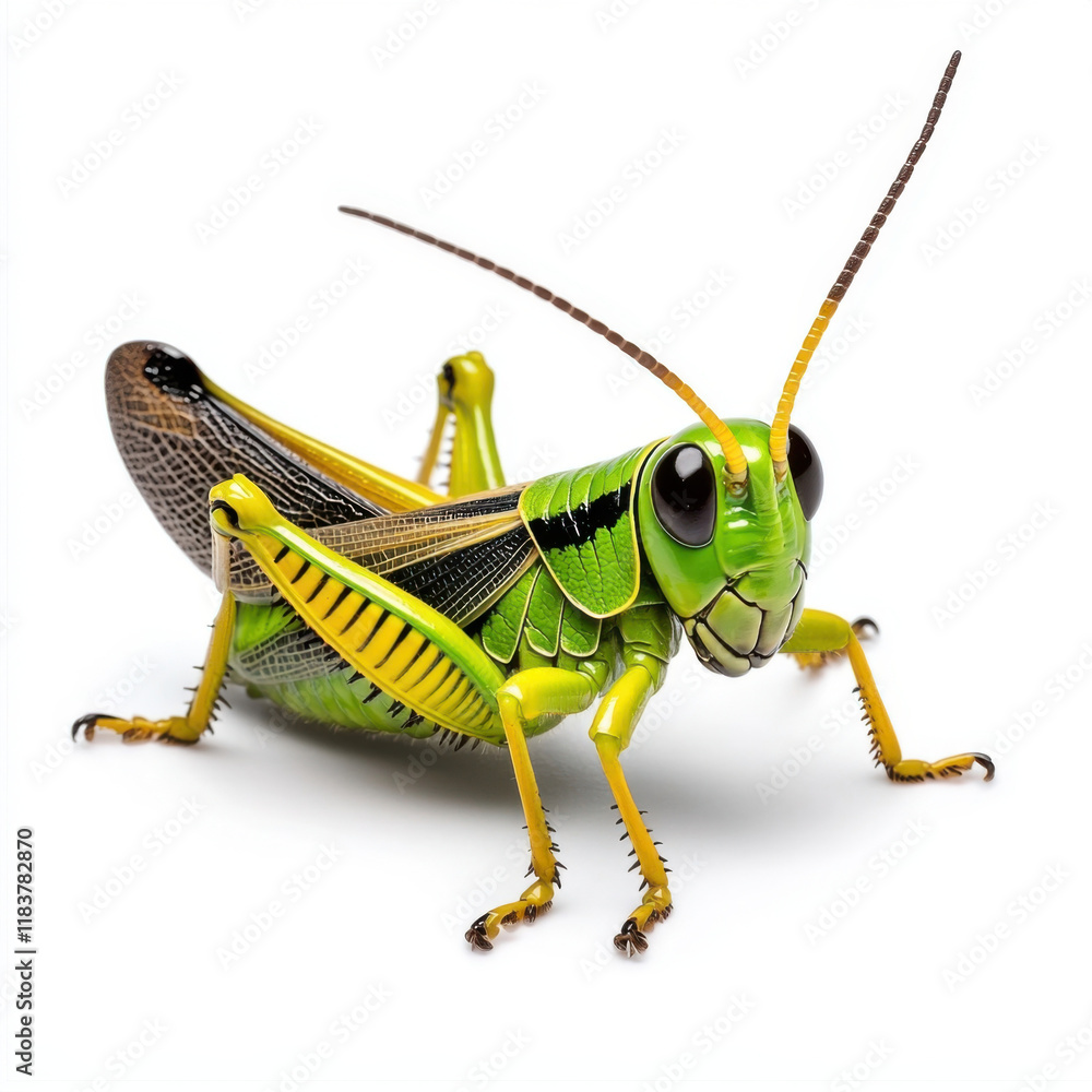 Vibrant Green Grasshopper on White Background; Striking Detail! Vibrant Green Grasshopper on White Background; Striking Detail!