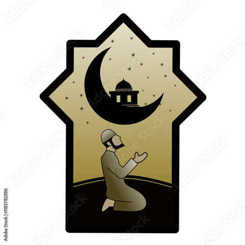 Illustration vector graphic of muslim people who are praying with mosque vector background, vector design illustration of ramadan, eid, isra miraj, lailatul qadar and other islamic events