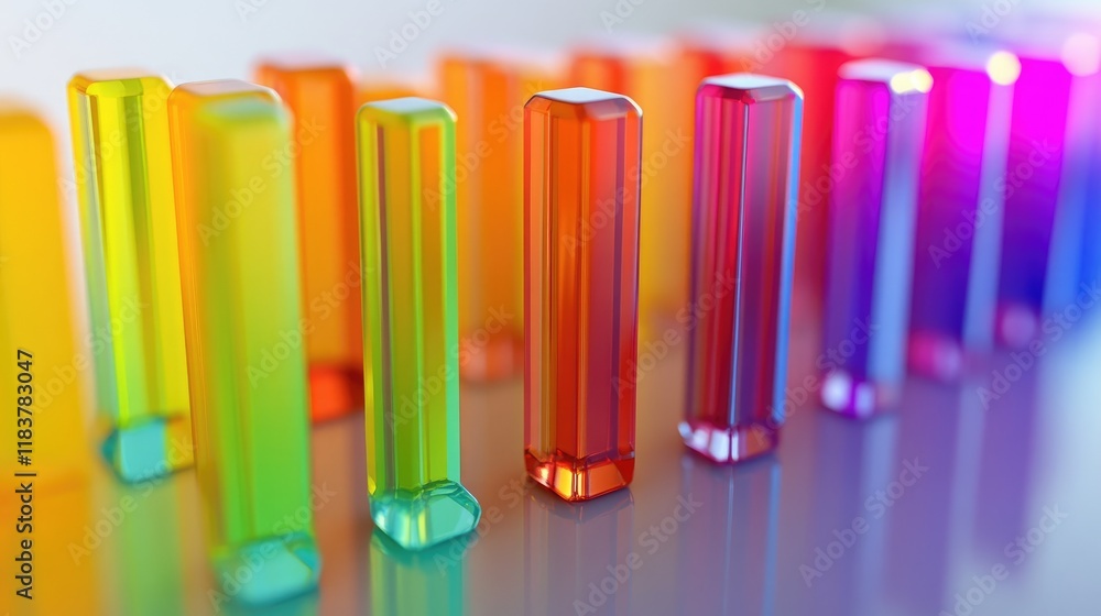 Fototapeta premium A colorful bar chart representing stock performance over time, with various heights and vibrant colors, set against a clean, professional backdrop.