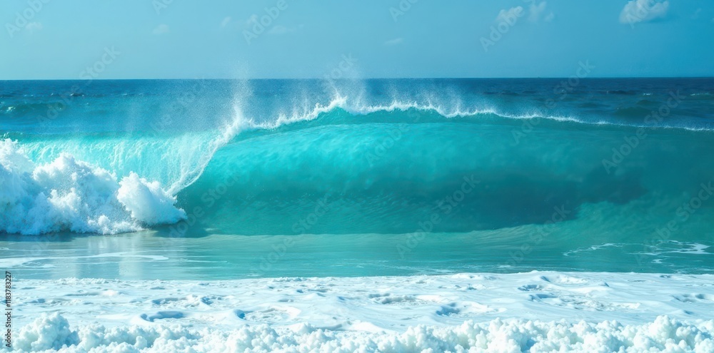 Fototapeta premium Azure turquoise ocean waves crash, white foam crests , royalty-free, wave, atlantic