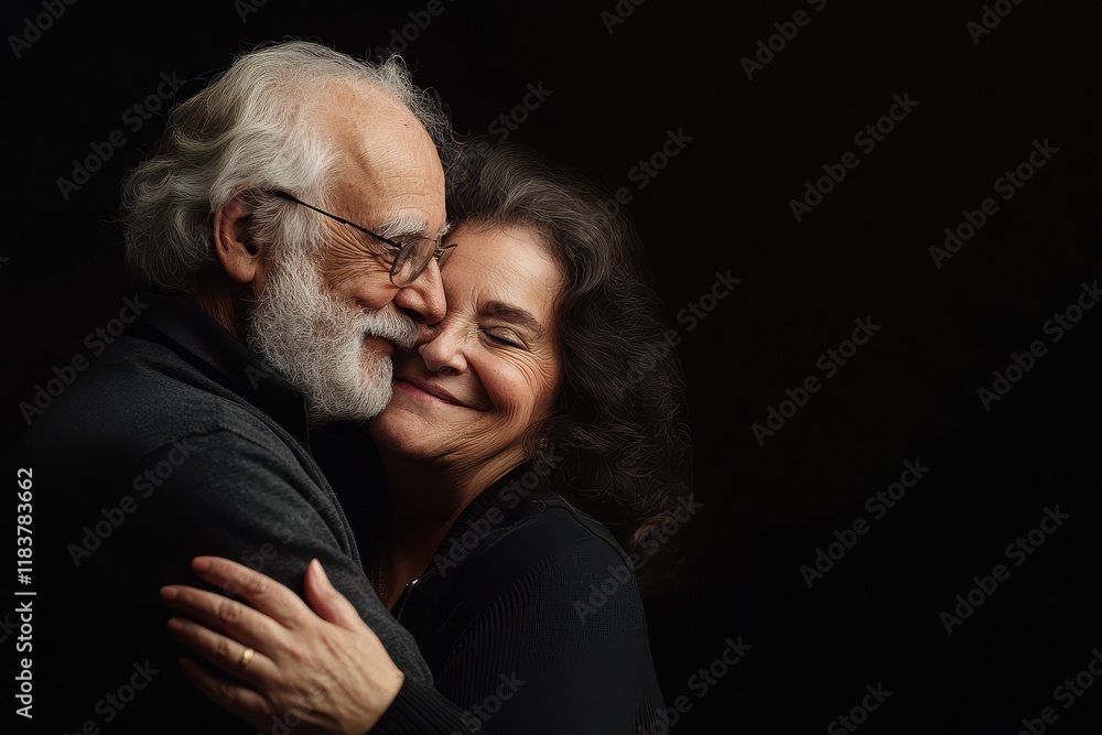 An affectionate attractive elderly couple against a dark backdrop An affectionate attractive elderly couple against a dark backdrop