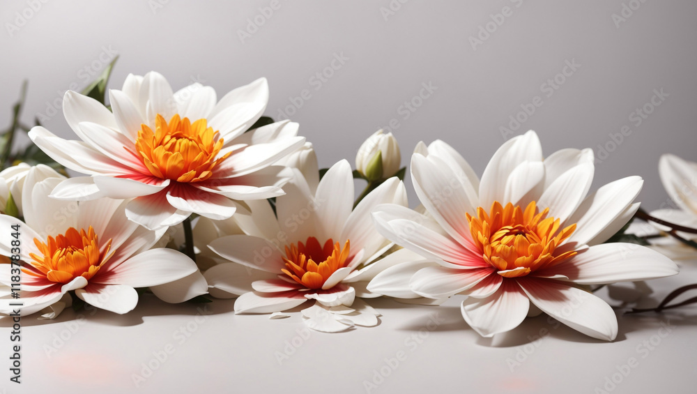 Obraz premium Four white flowers with bright orange centers against a pale gray background.